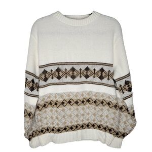 Vintage 70s Kingsport Ski Geometric Pattern Sweater Size XL in Cream Tan Black